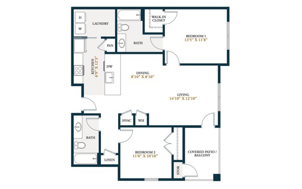 Onyx - 2 bedroom floorplan layout with 2 baths and 992 square feet.