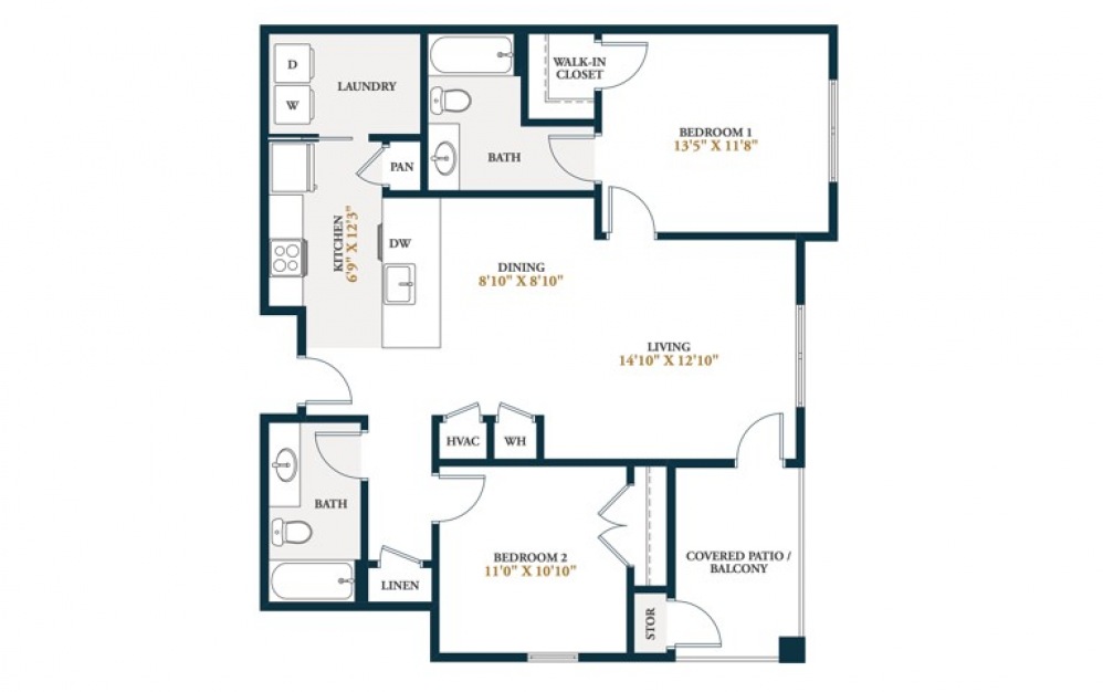 Onyx - 2 bedroom floorplan layout with 2 bathrooms and 992 square feet