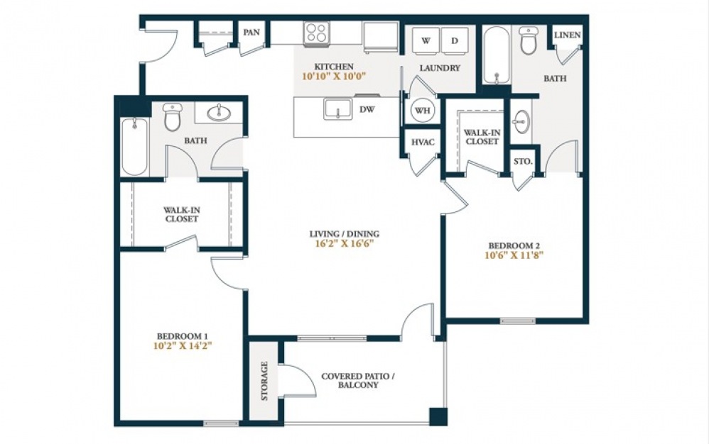 Crystal - 2 bedroom floorplan layout with 2 baths and 1053 square feet.