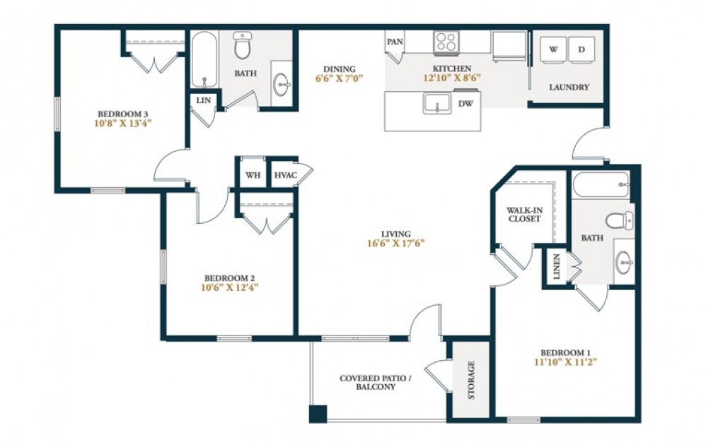 Diamond - 3 bedroom floorplan layout with 2 baths and 1232 square feet.