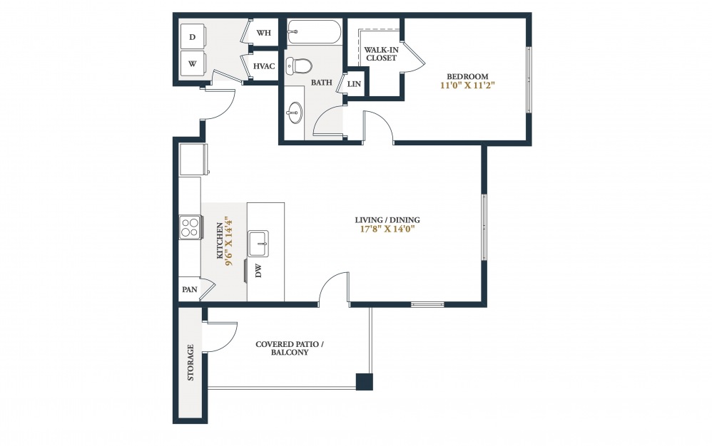 Cavern - 1 bedroom floorplan layout with 1 bathroom and 750 square feet