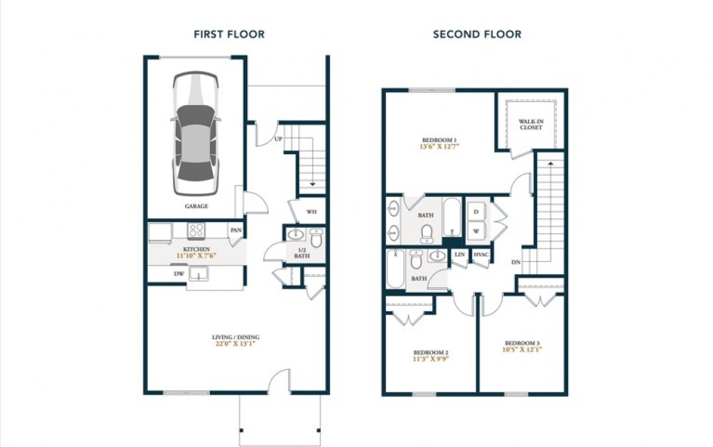 Mammoth - 3 bedroom floorplan layout with 2.5 baths and 1371 square feet.