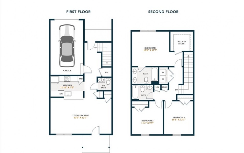 Mammoth - 3 bedroom floorplan layout with 2.5 bathrooms and 1371 square feet