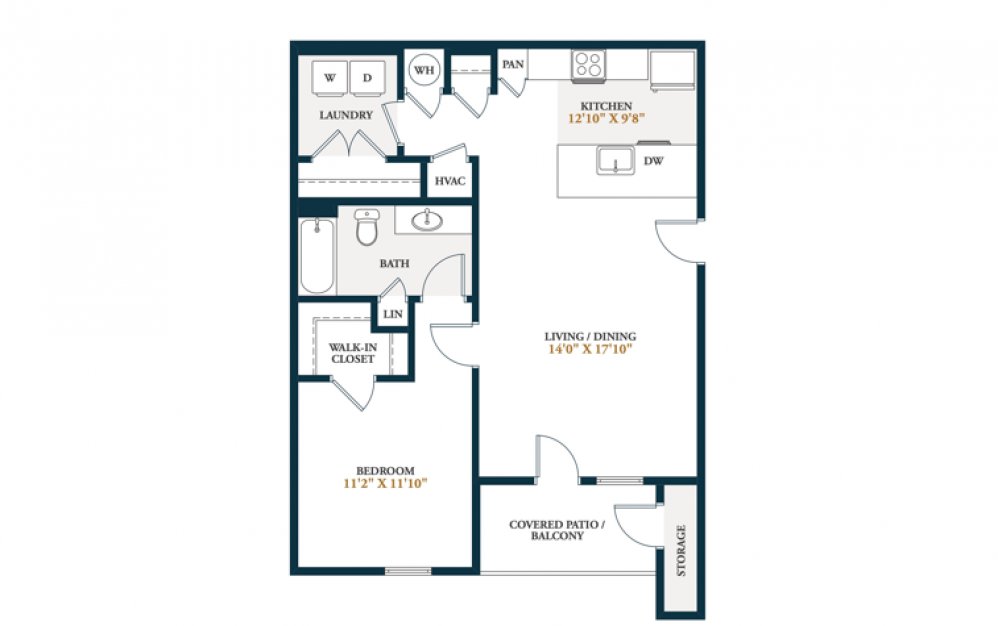 Carter - 1 bedroom floorplan layout with 1 bath and 776 square feet.